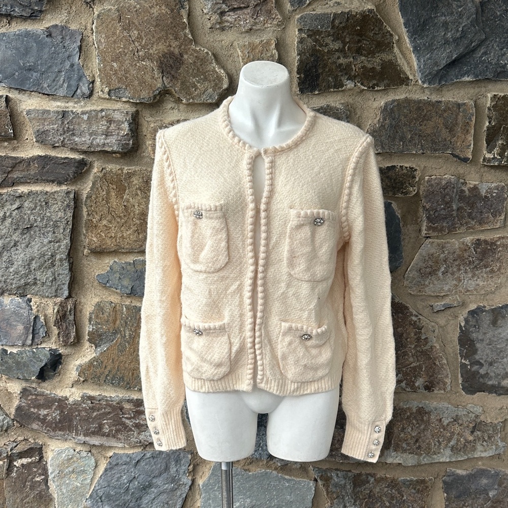 J.Crew Bouclé Cardigan Jacket Cream Blush Knit Sweater Size S Crystal Buttons